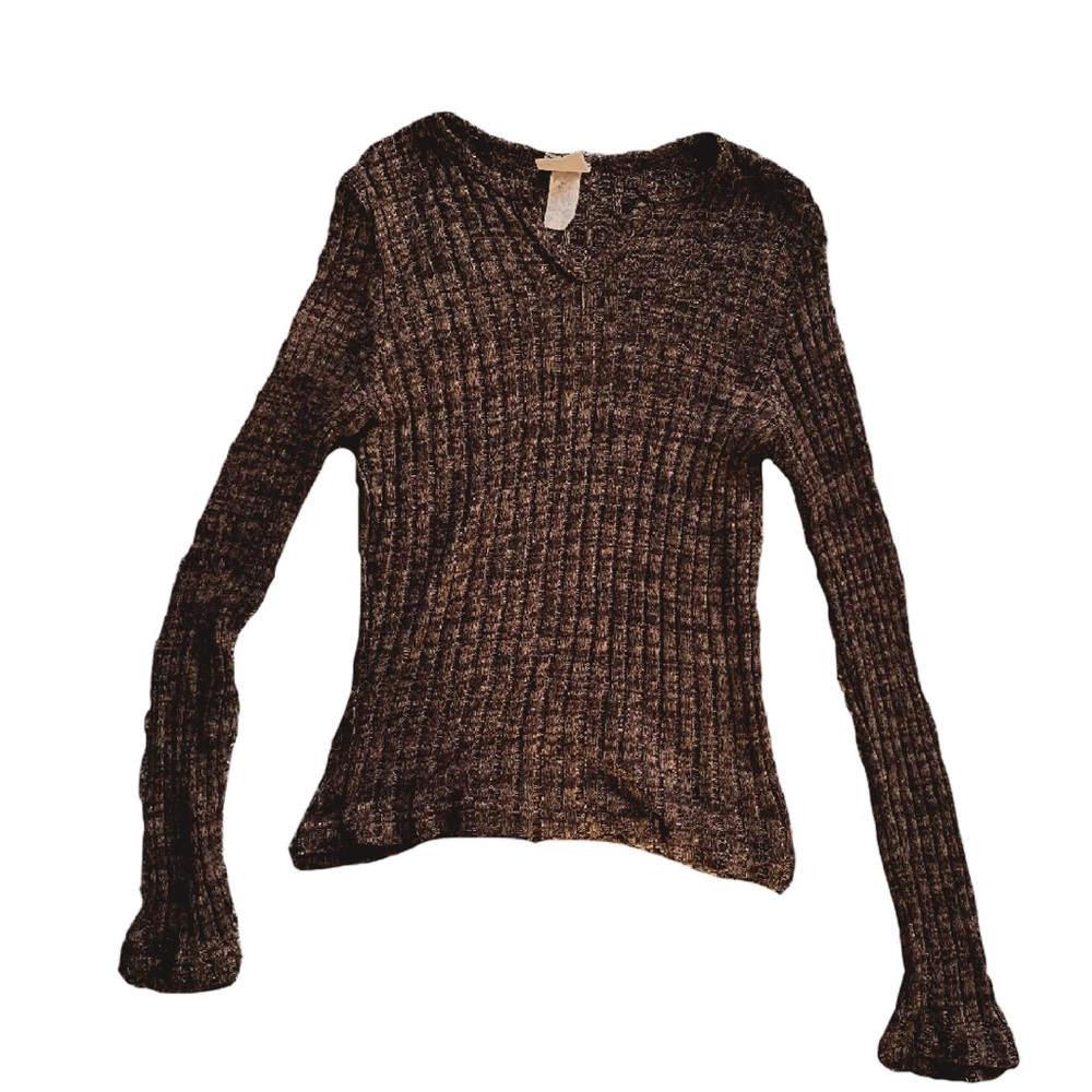 Soft Light Sweater Top Ribbed Marled Bell Sleeve V Neck